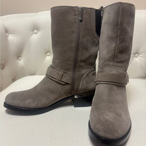 Vince Camuto Leather Buckle Mid Calf Suede Boots - Wellery